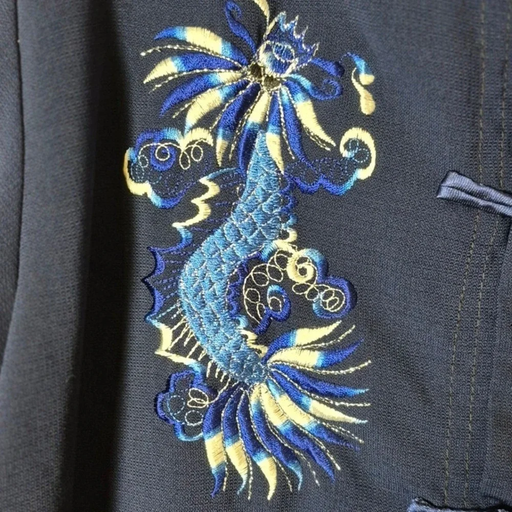 Vtg Mimi Kids Dragon Embroidered Asian Outfit Set‎ Navy Blue Top Pants Sz 10 Y2K